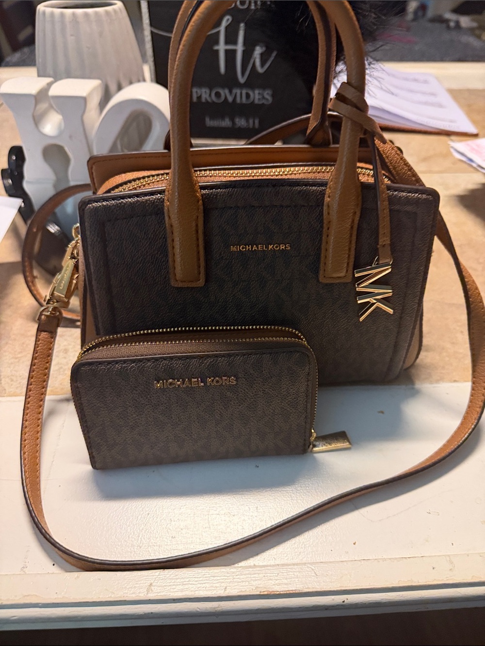 Michael Kors Brown Logo Mini Satchel with Tan Trim and Gold Hardware